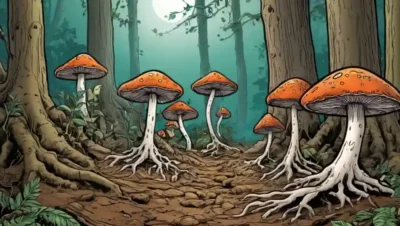 Fungi creciendo sobre las raíces vegetales en un ecosistema forestal.