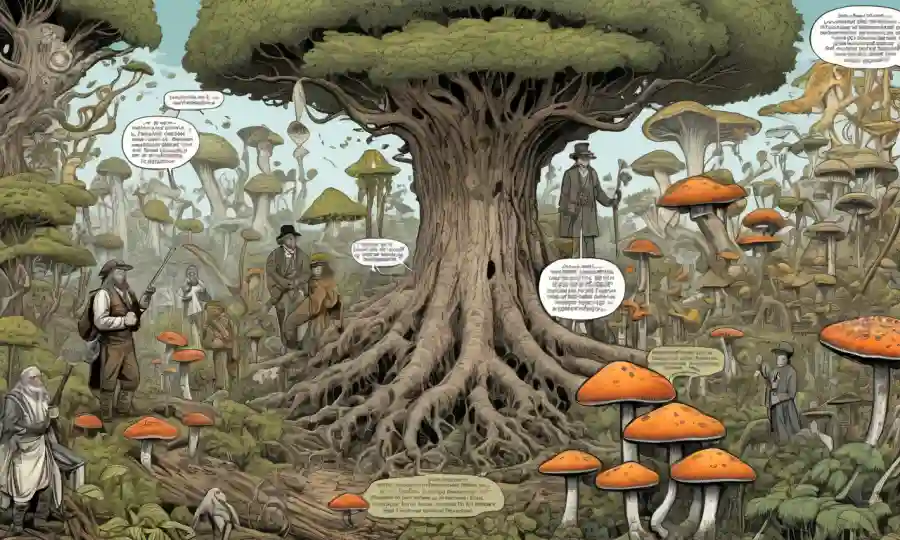 Figuras históricas rodeadas de ilustraciones de hongos con árboles evolutivos y diapositivas de texto.