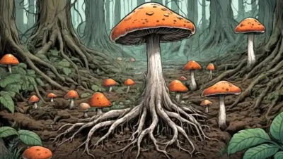 Organismos parecidos a los hongos creciendo en medio de una red compleja de raíces en el suelo forestal.