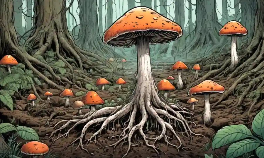 Organismos parecidos a los hongos creciendo en medio de una red compleja de raíces en el suelo forestal.
