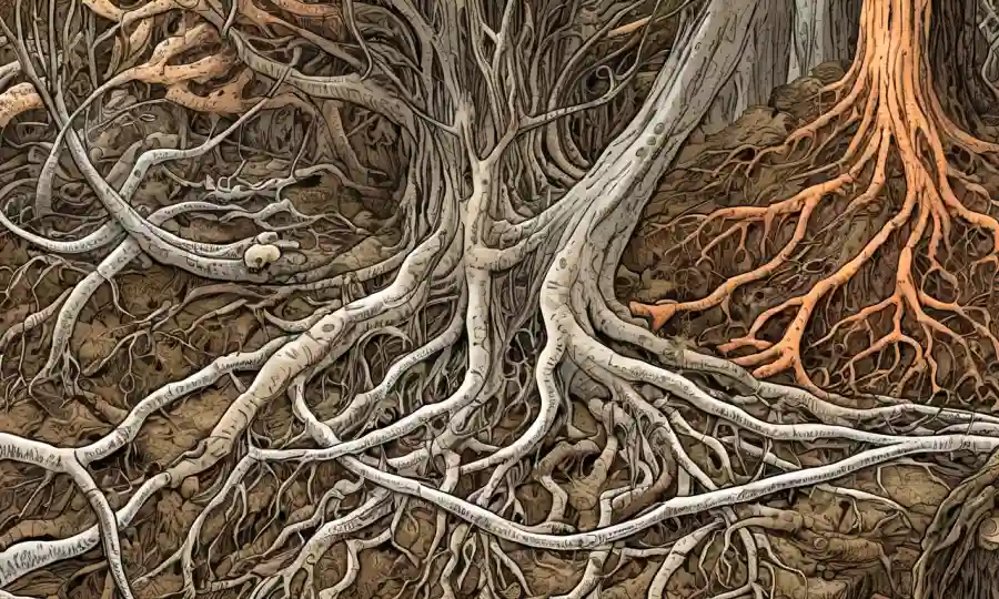 ¡Puedo proporcionar una traducción! Fungus con raíces interconectadas bajo microscopio, ilustrando el proceso cautivante de simbiosis.