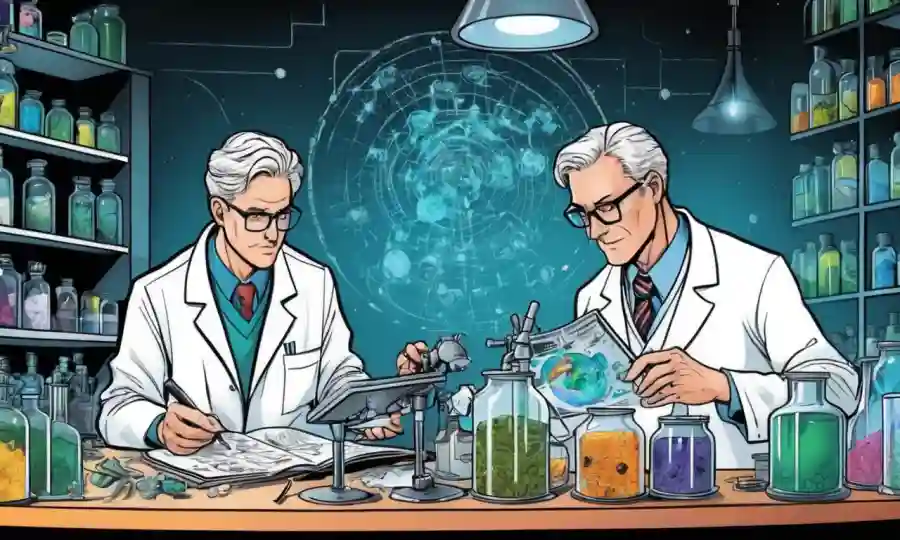 Científicos en capas de laboratorio que estudian hongos y mapas de datos.