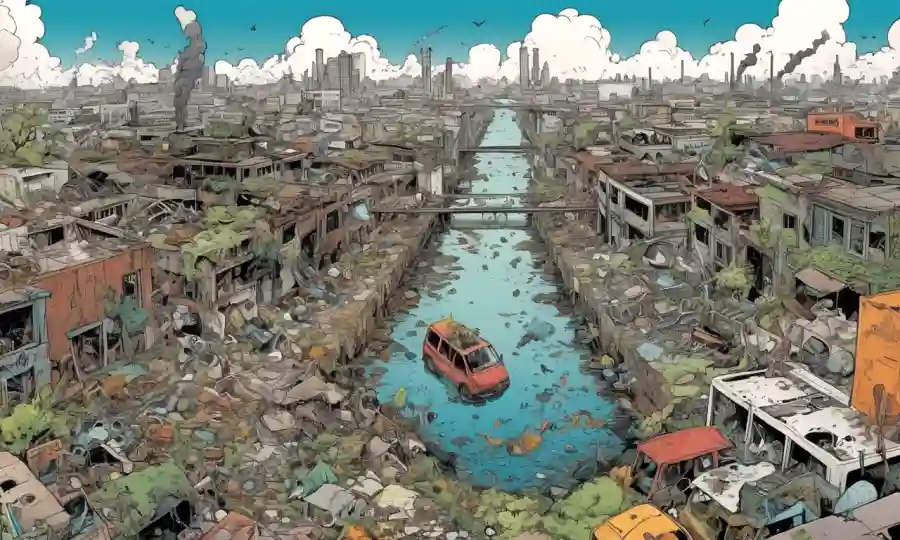 Imágenes humanas y naturales interconectadas en armonía en medio de un fondo de contaminación y decadencia.