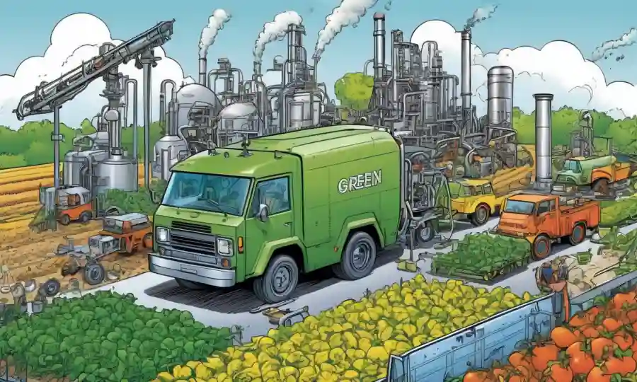 Una imagen que ilustra varios ejemplos relacionados con la industria, como la química verde, la agricultura sostenible y aplicaciones innovadoras de biotecnología.