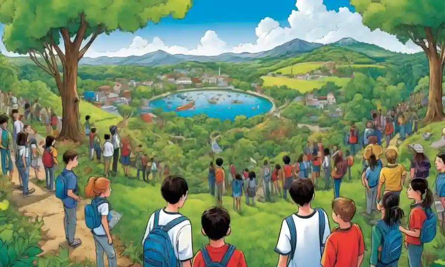 Collage of students, teachers, and nature in harmony, emphasis ecological understanding and innovative education.