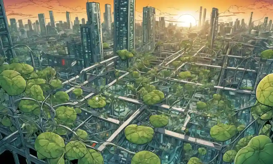 Imagen microscopio de células y plantas interconectadas, rodeadas de paisajes urbanos y conceptos tecnológicos.