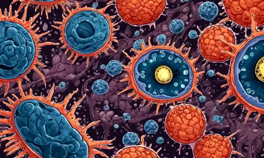 Vista microscópica de organismos simbióticos coexistiendo dentro de una sola célula o cuerpo.