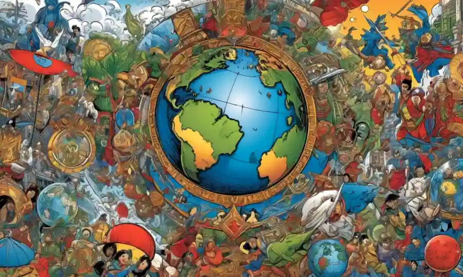Una mezcla de símbolos tradicionales y modernos mezclando juntos, representando la conexión global y la fusión cultural.