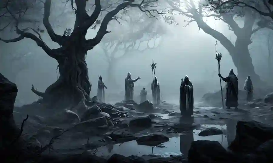 Antiguos rituales realizados por figuras sombrías en medio de paisajes maliciosos, destacando las conexiones simbióticas.