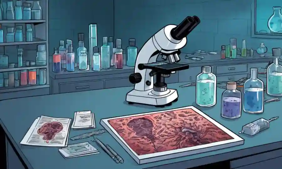 Imagen microscopio de evidencia forense junto con muestras biológicas en un banco de laboratorio.