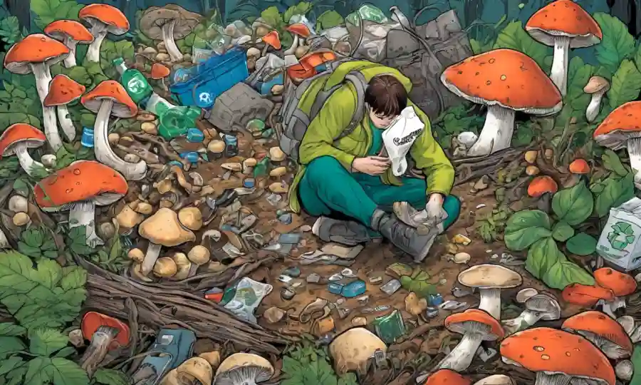Una persona rodeada de hongos y materiales de reciclaje que simbolizan la conexión sostenible.