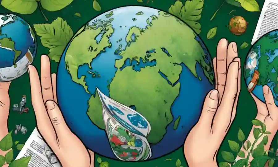 Las manos sostienen conjuntos rodeados de vegetación, símbolos de reciclaje, y globo parecido a la Tierra.