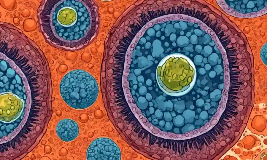 Una imagen microscópica que muestra células en simbiosis con relés de texto descriptivo.