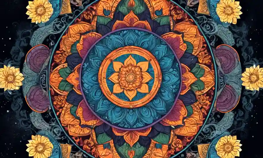 Una combinación de símbolos y conceptos filosóficos orientales, como mandalas o flores de loto, tejidos juntos para representar la interconexión.