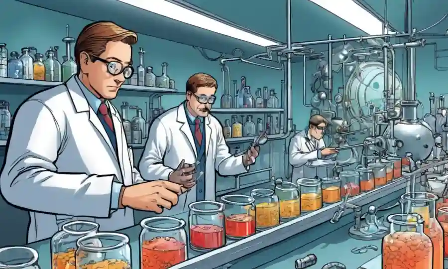 Científicos que examinan equipos de fermentación y microorganismos en un laboratorio.