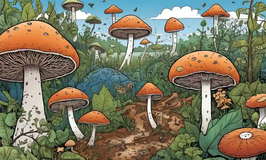 Ilustración de hongos creciendo naturalmente, rodeado de símbolos para factores como el clima, el suelo y los insectos.