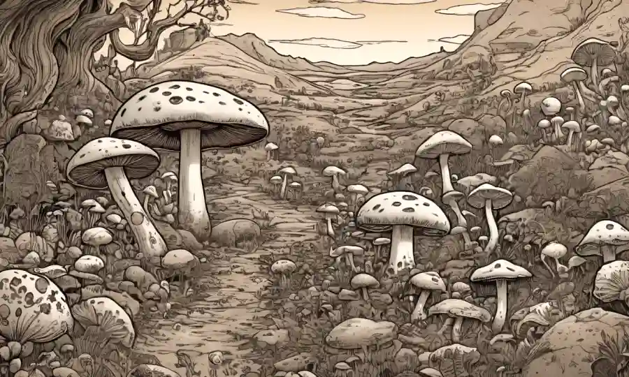 Fungi creciendo en medio de tonos terrenales