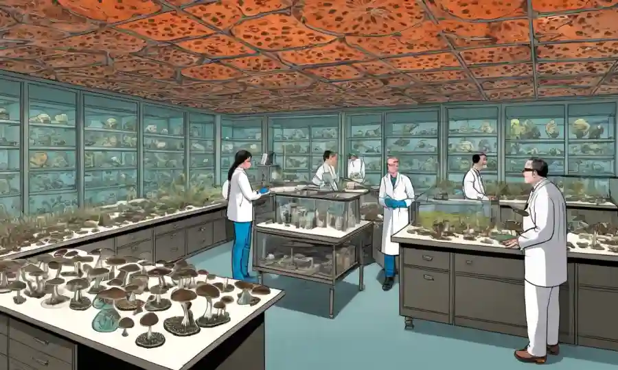 Los conservacionistas en un laboratorio de hongos rodeados de especímenes de especies de hongos en peligro.