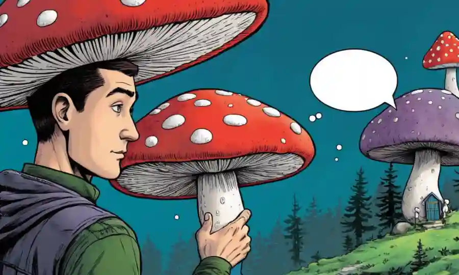 Persona sosteniendo un hongo tipo toadstool, con burbujas de pensamiento que conectan recuerdos y experiencias.