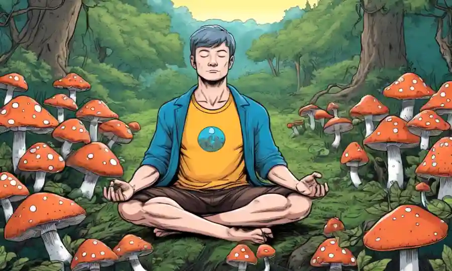 Persona rodeada de hongos meditando en la naturaleza, representando el bienestar mental.