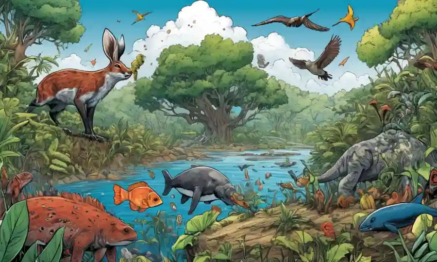 Ilustraciones de diversos ecosistemas con relaciones simbióticas entre especies, destacando su armonía y éxito.