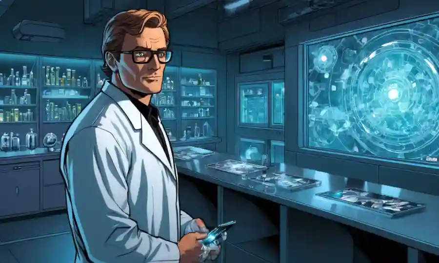 Un científico de pie delante de un laboratorio futurista analizando datos sobre relaciones simbióticas.