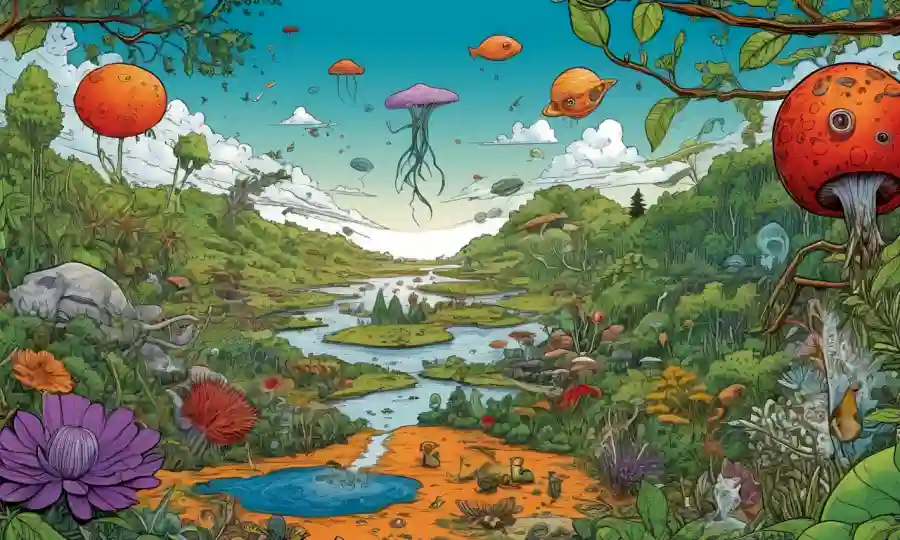 Múltiples organismos interactuando rodeados de ilustraciones y diagramas inspirados en la naturaleza.