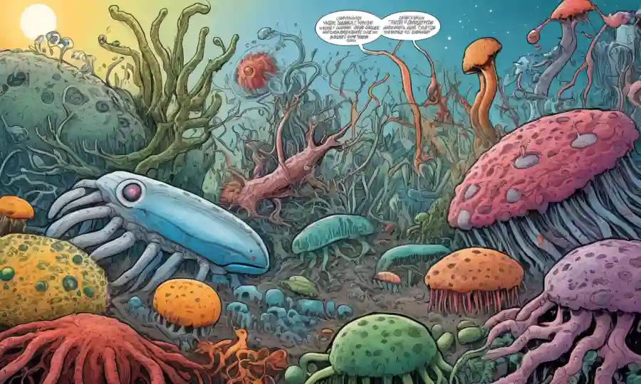 Una ilustración de concepto de artistas que muestra varios microorganismos interactuando en relaciones simbióticas, con superposiciones de texto que describen diferentes tipos.