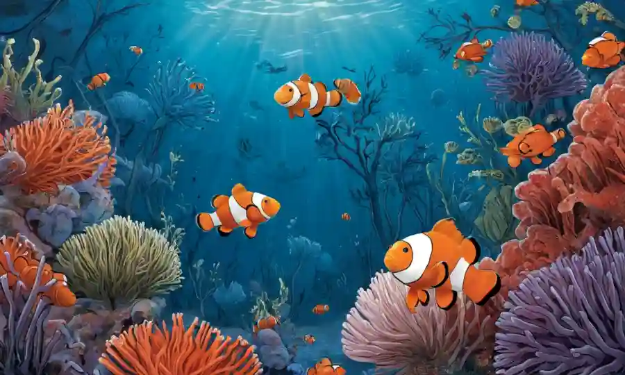 Imágenes de animales diversos en relaciones simbióticas (por ejemplo, pez payaso y anémona marina) contra un fondo biobiográfico.