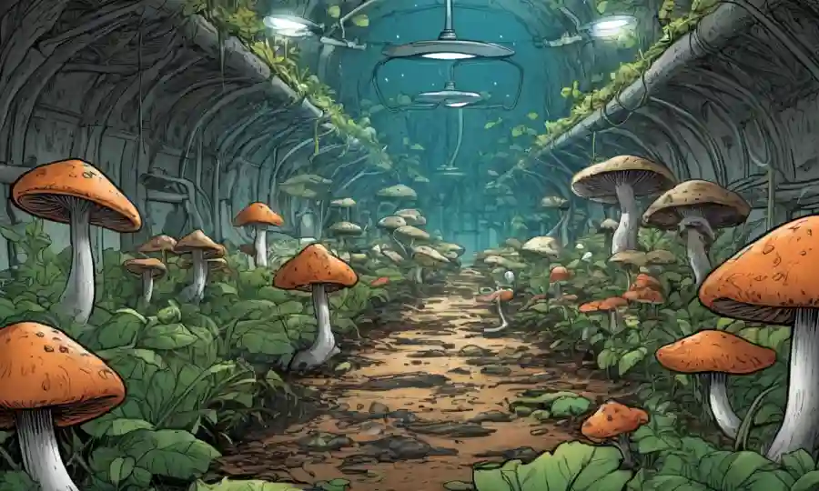 Proceso de cultivo de hongos utilizando técnicas ecológicas en un ambiente controlado.