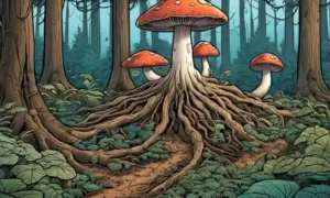 Ilustración de hongos rodeados de árboles interconectados y raíces en un bosque.