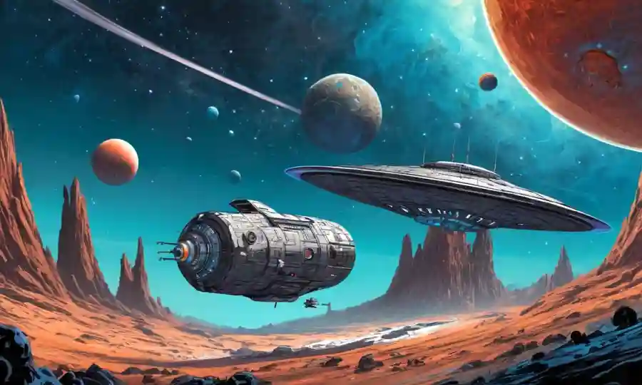 Spacecraft flotando cerca de un planeta distante, rodeado de representaciones abstractas de relaciones simbióticas.