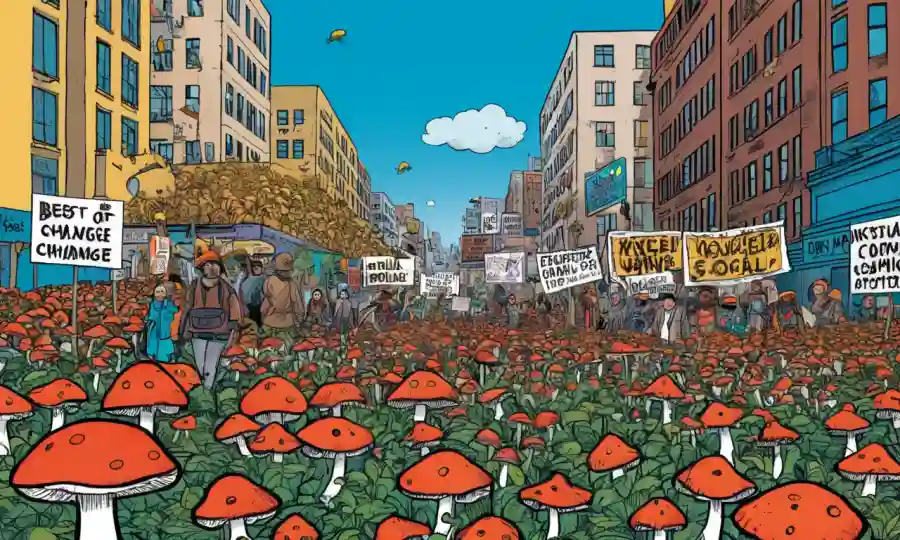 Setas creciendo en una calle de la ciudad rodeada de activistas que sostienen señales de cambio social.
