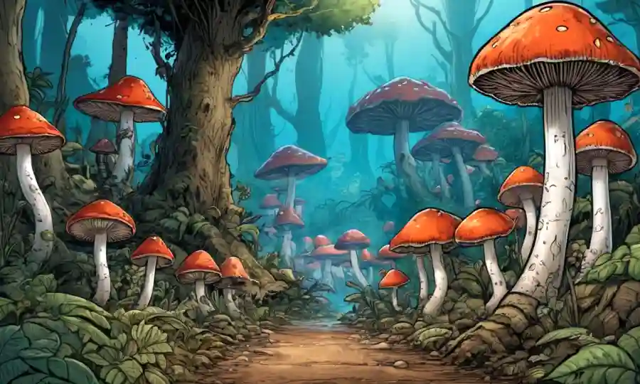 Arte conceptual inspirado en hongos que muestra un futuro más brillante con soluciones basadas en hongos.