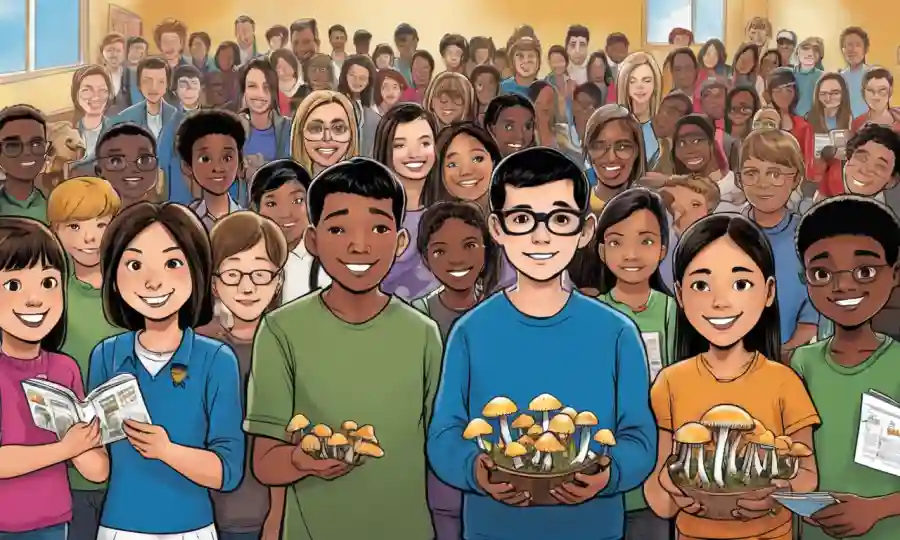 Gente con hongos, de pie frente a los recursos educativos, con diversos estudiantes y profesores alrededor.