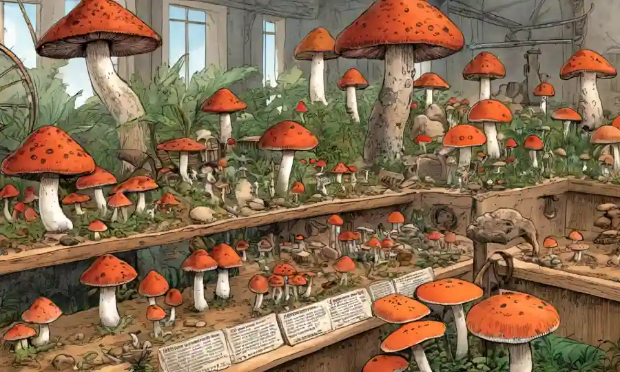 Mushrooms de diferentes culturas y períodos de tiempo mostrados como artefactos en un entorno museo.