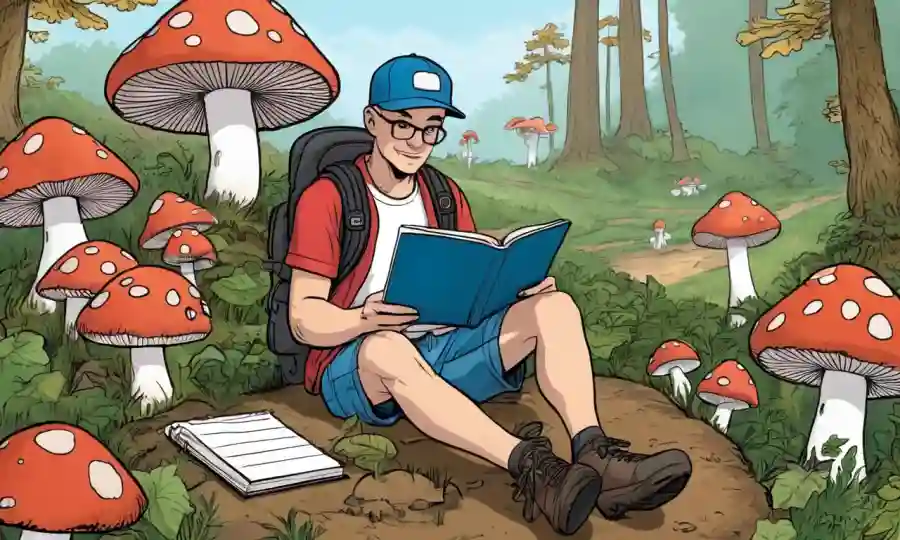 Aficionado al seno sentado en la naturaleza, publicando con un cuaderno y hongos que los rodean.