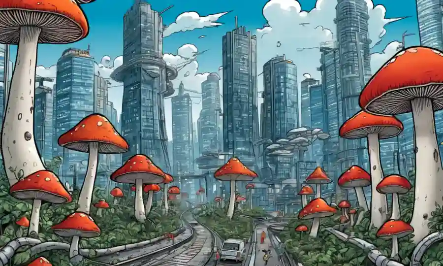 Setas entrelazadas con modernos paisajes urbanos y elementos tecnológicos, destacando su impacto en la cultura contemporánea.