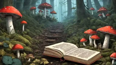 Libros históricos rodeados de setas en un suelo forestal.