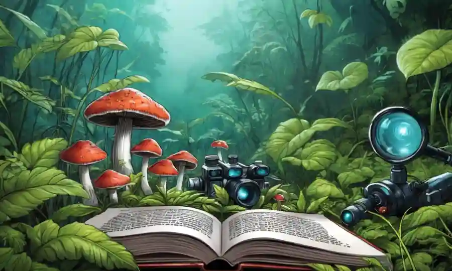 Una vista de cerca de los hongos creciendo en medio del follaje, con libros y microscopio en el fondo.