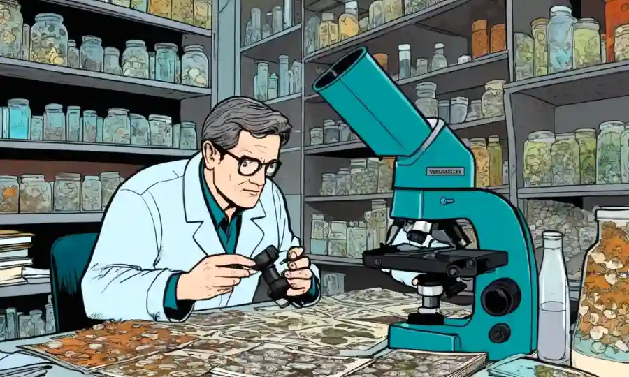 Un micólogo mirando a través de diapositivas de microscopio en un laboratorio, rodeado de literatura de hongos.