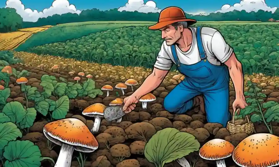 Un agricultor examina los hongos en medio de cultivos agrícolas.