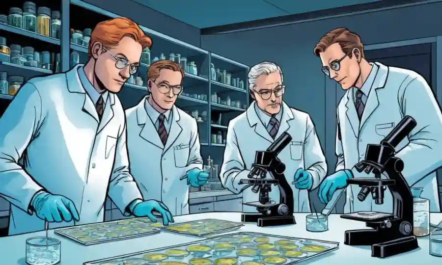 Científicos que estudian diapositivas de microscopio o platos petri en un laboratorio.