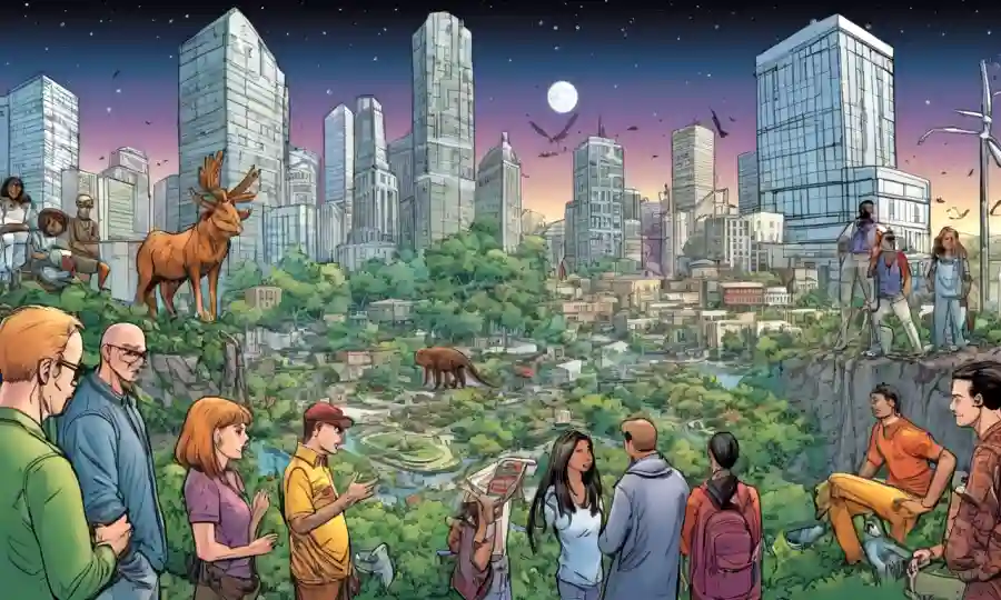 Gente de diferentes campos se reunieron discutiendo simbiosis en el fondo de un paisaje urbano ecológico.