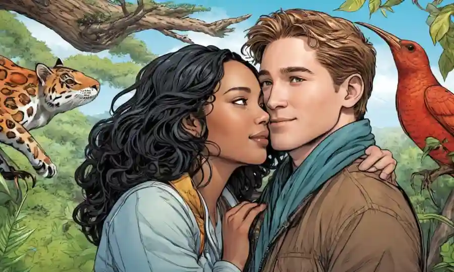 Personas interconectadas de diferentes culturas se abrazan entre sí, entre ilustraciones que representan relaciones simbióticas en la naturaleza.