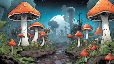 Setas creciendo en medio de ambientes contaminados con niños aprendiendo de ellos.
