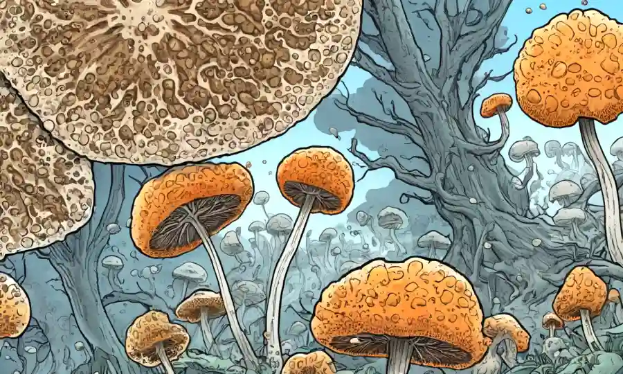 A close-up of fungal spores under microscope