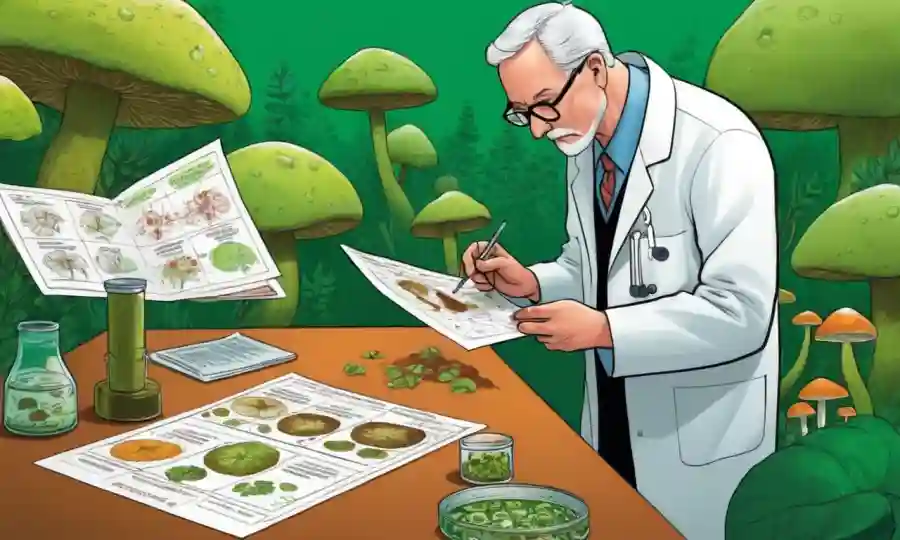 Un científico que examina muestras de hongos entre gráficos inspirados en la naturaleza y gráficos en un fondo verde.