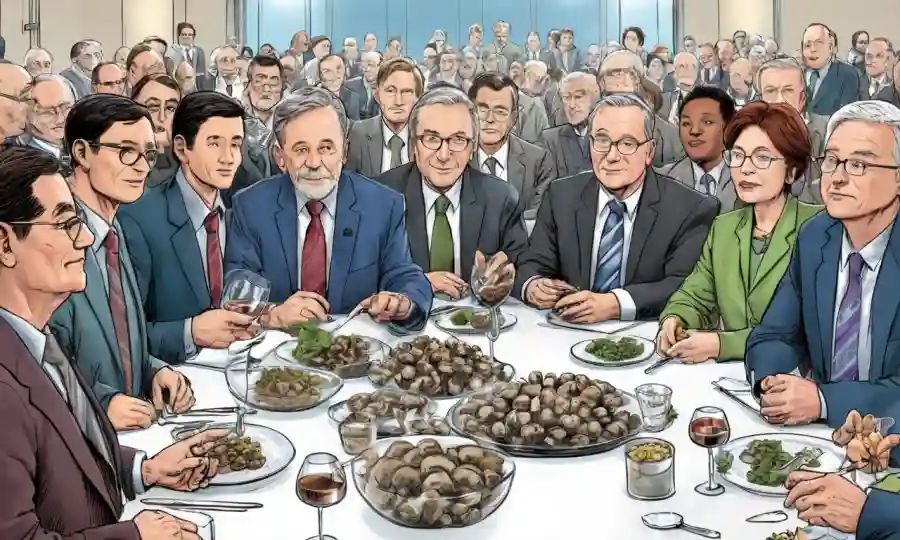 International lawmakers gathered at a table discussing global regulations on hongo use in biotechnology.
