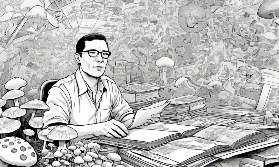 Una persona rodeada de diagramas relacionados con hongos y documentos gubernamentales.